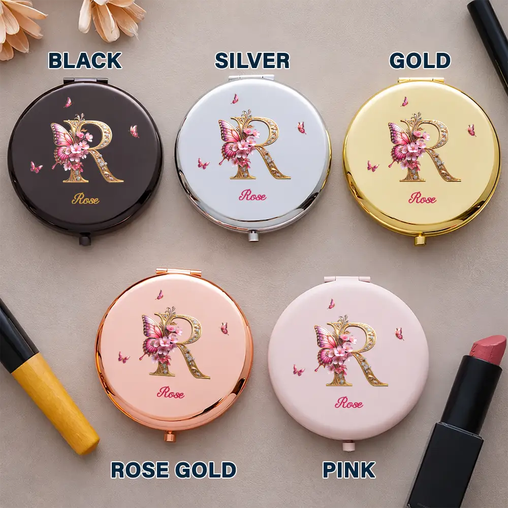 3D Effect Flower & Butterfly Monogram Shine With Love And Admiration - Personalized Compact Mirror - Image 4
