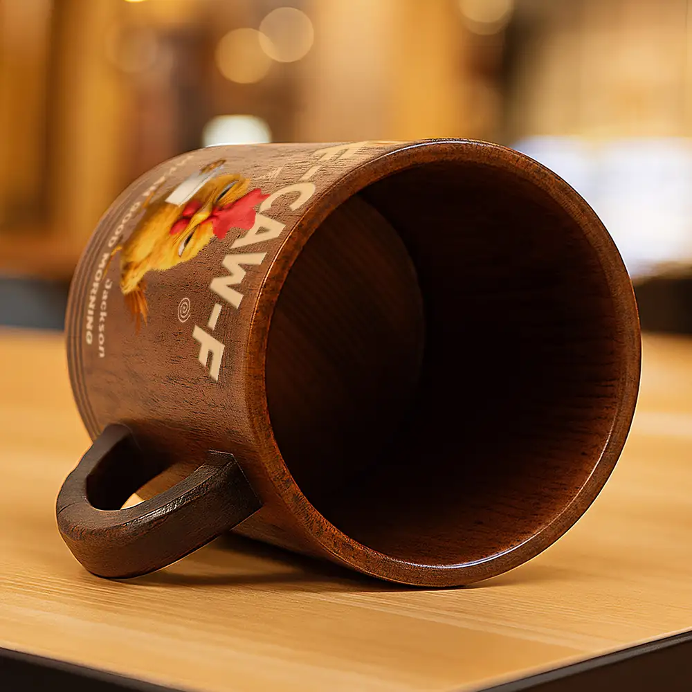 3D Effect Funny Chicken F-Caw-F I Mean Good Morning - Personalized Wooden Mug - Image 5