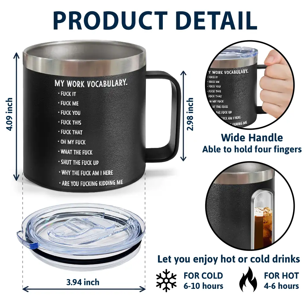 3D Effect Funny Chicken F-CAW-F My Work Vocabulary - Personalized 14oz Stainless Steel Tumbler With Handle - Image 4