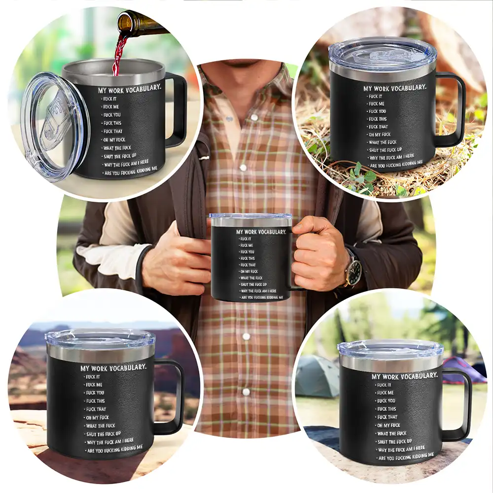 3D Effect Funny Chicken F-CAW-F My Work Vocabulary - Personalized 14oz Stainless Steel Tumbler With Handle - Image 5
