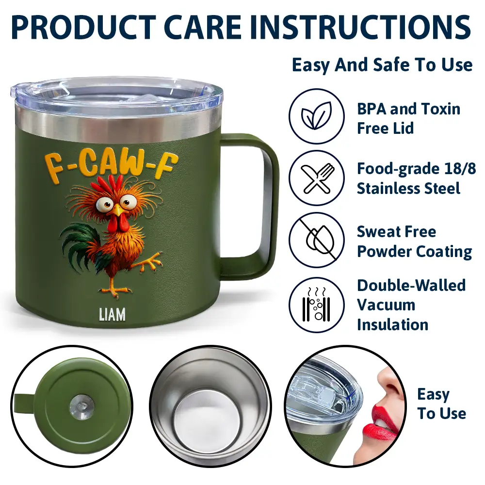 3D Effect Funny Chicken F-CAW-F My Work Vocabulary - Personalized 14oz Stainless Steel Tumbler With Handle - Image 6