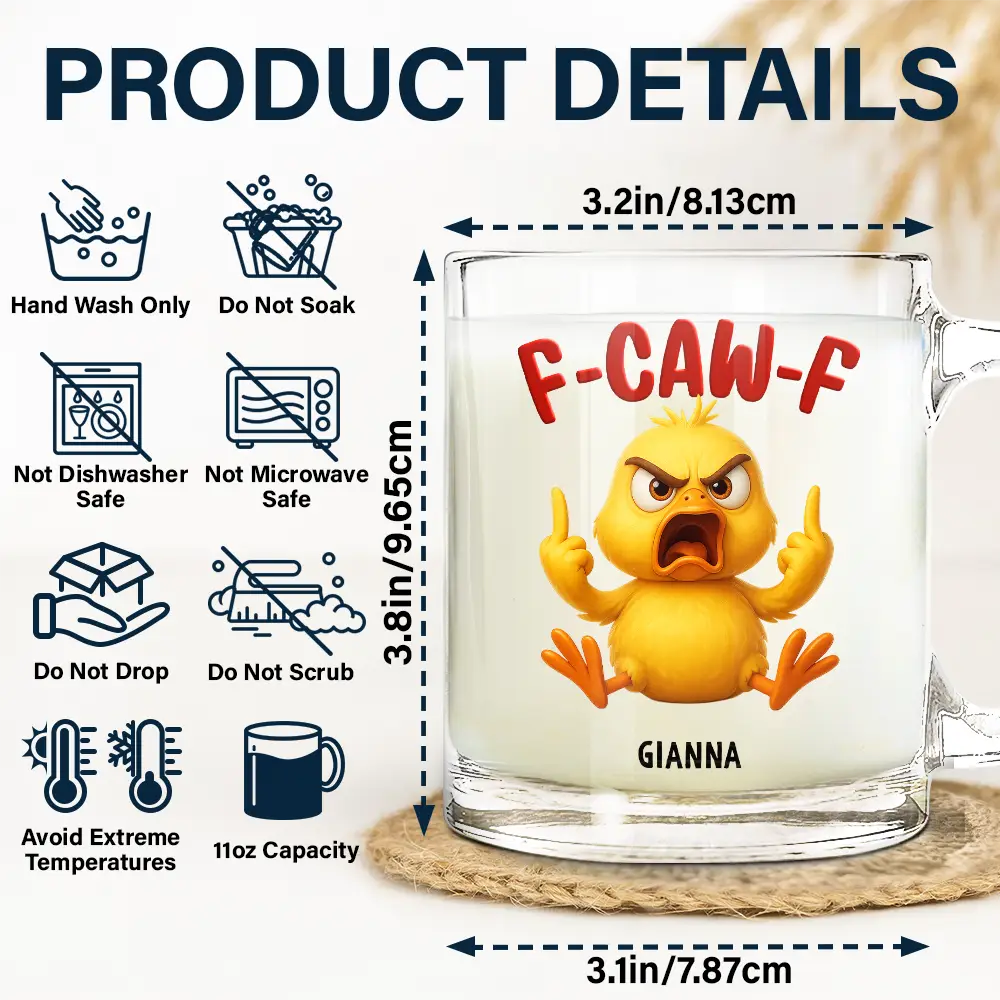 3D Effect Funny Chicken F-CAW-F My Work Vocabulary - Personalized Glass Mug - Image 5