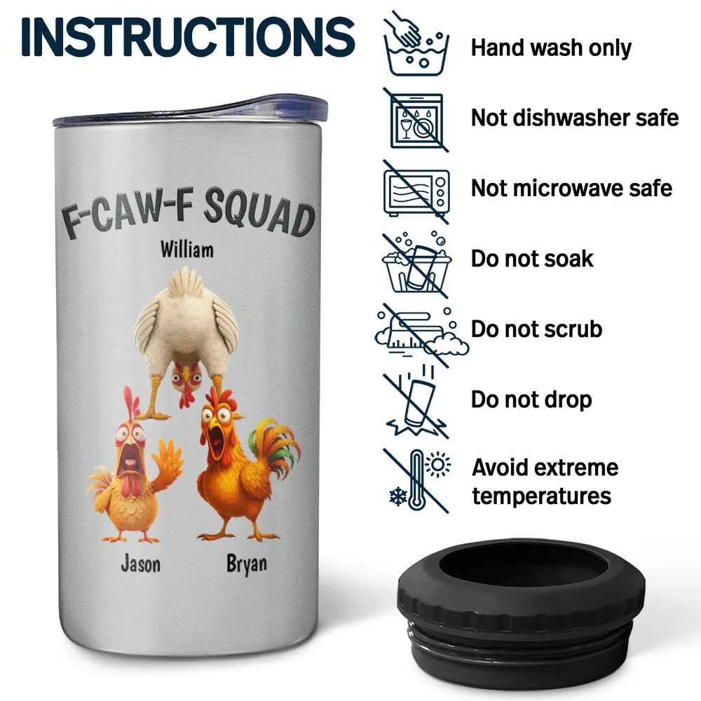 3D Effect Funny Chickens F-CAW-F Squad - Personalized 4 In 1 Can Cooler Tumbler - Image 5