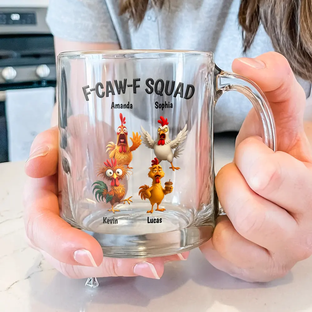 3D Effect Funny Chickens F-CAW-F Squad - Personalized Glass Mug - Image 3