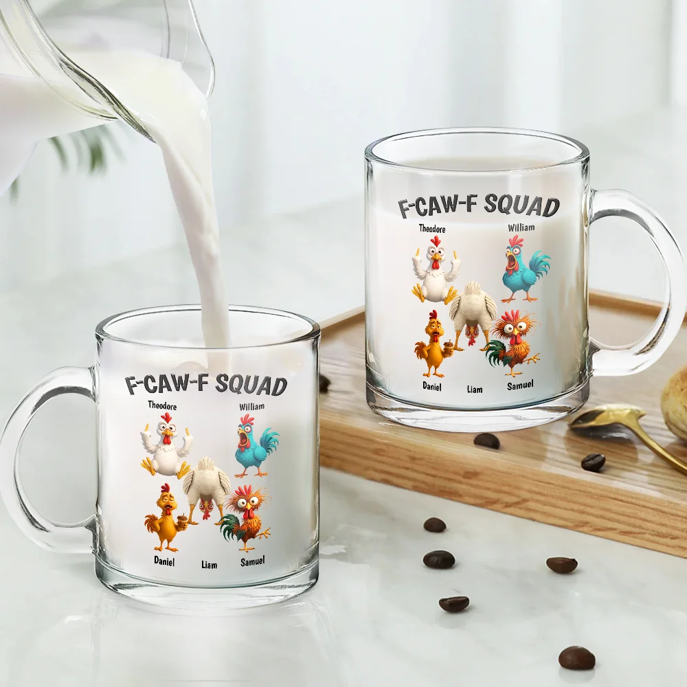 3D Effect Funny Chickens F-CAW-F Squad - Personalized Glass Mug - Image 4
