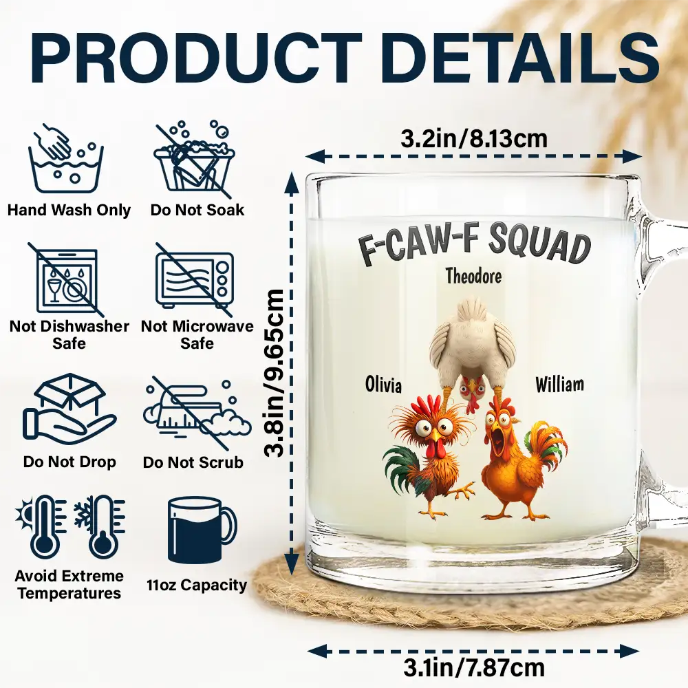 3D Effect Funny Chickens F-CAW-F Squad - Personalized Glass Mug - Image 5