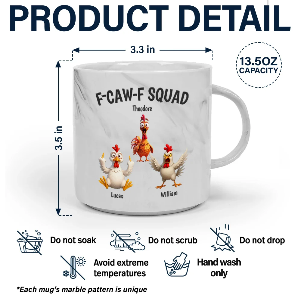 3D Effect Funny Chickens F-CAW-F Squad - Personalized Marble Mug - Image 5