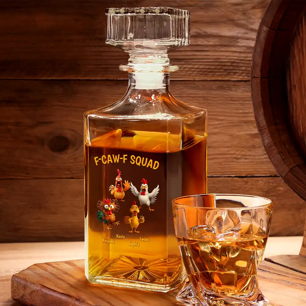 3D Effect Funny Chickens F-CAW-F Squad - Personalized Square Whiskey Bottle - Image 2