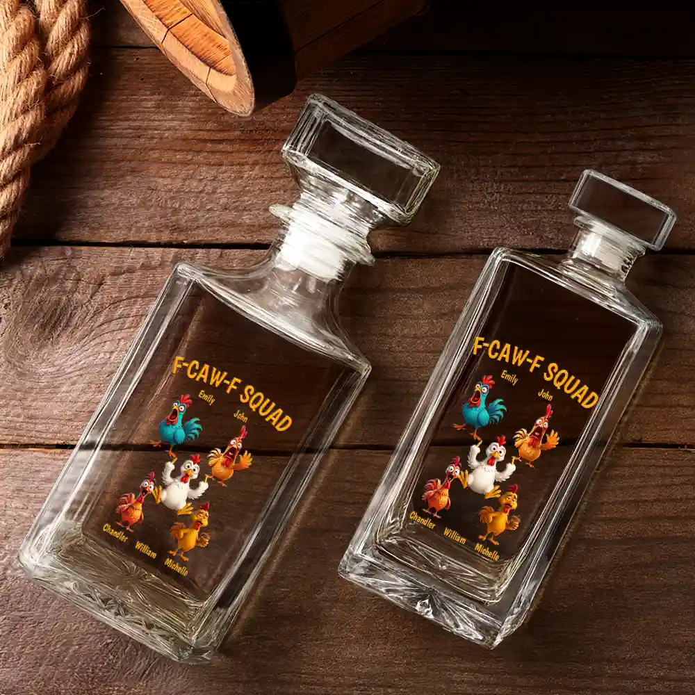 3D Effect Funny Chickens F-CAW-F Squad - Personalized Square Whiskey Bottle - Image 3