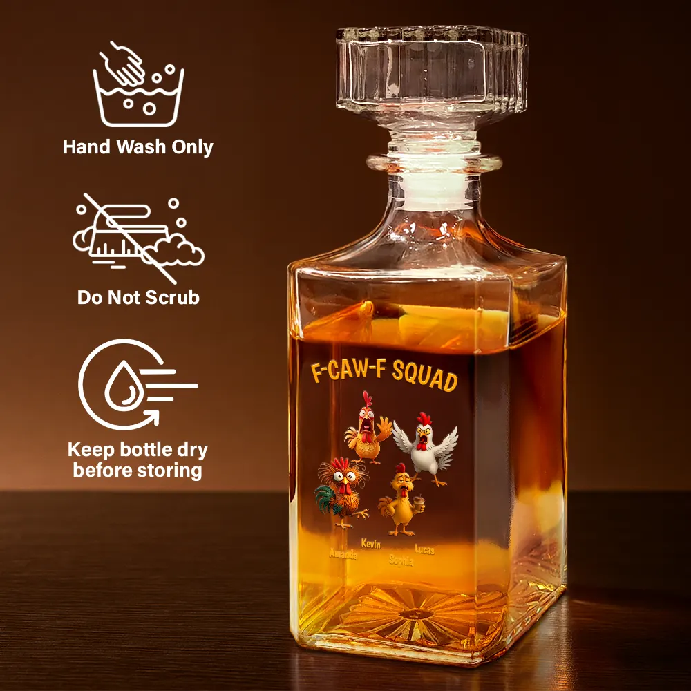 3D Effect Funny Chickens F-CAW-F Squad - Personalized Square Whiskey Bottle - Image 6