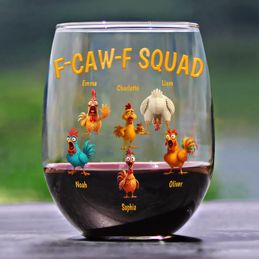 3D Effect Funny Chickens F-CAW-F Squad - Personalized Stemless Wine Glass - Image 2
