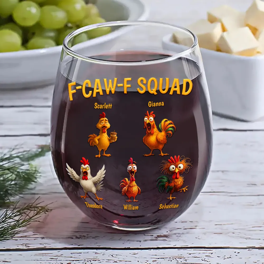 3D Effect Funny Chickens F-CAW-F Squad - Personalized Stemless Wine Glass - Image 6