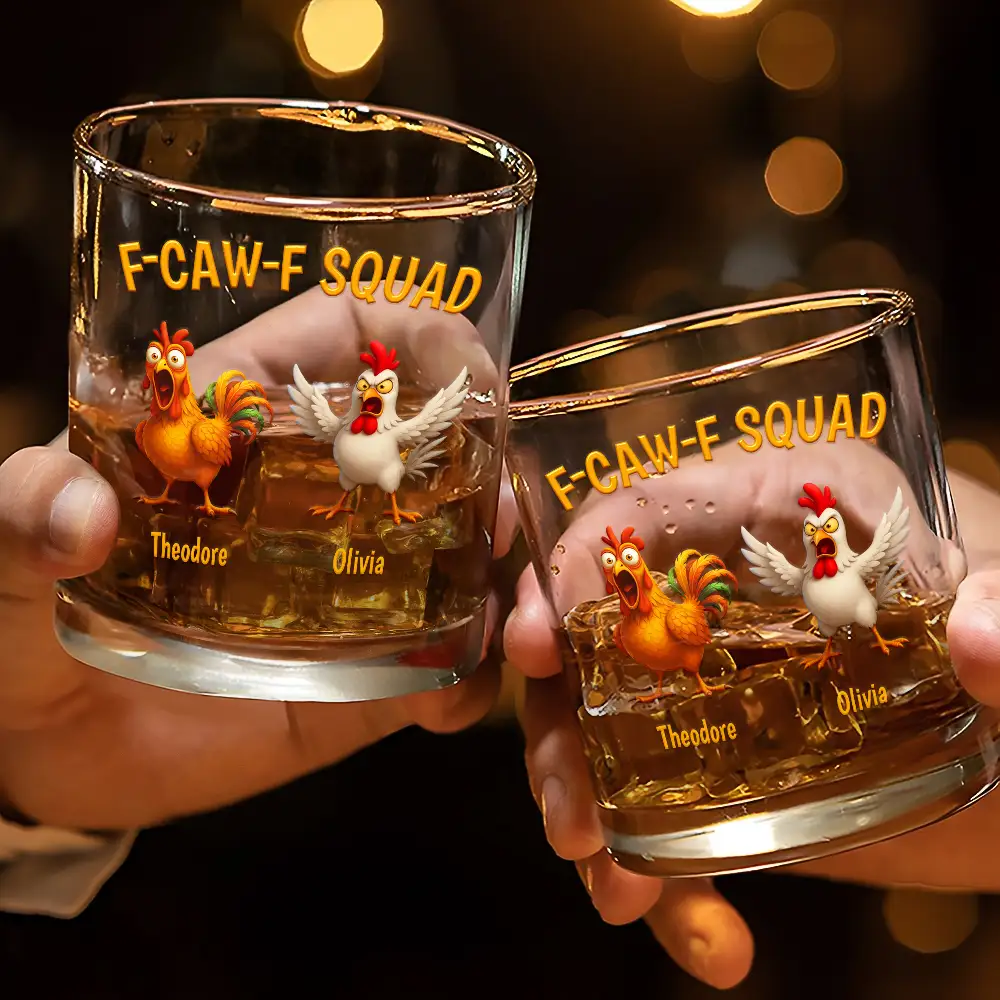3D Effect Funny Chickens F-CAW-F Squad - Personalized Whiskey Glass - Image 3