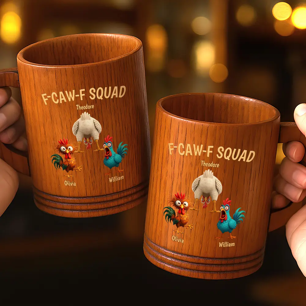 3D Effect Funny Chickens F-CAW-F Squad - Personalized Wooden Mug - Image 2