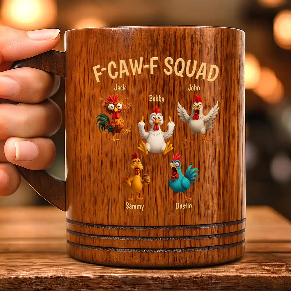 3D Effect Funny Chickens F-CAW-F Squad - Personalized Wooden Mug - Image 3