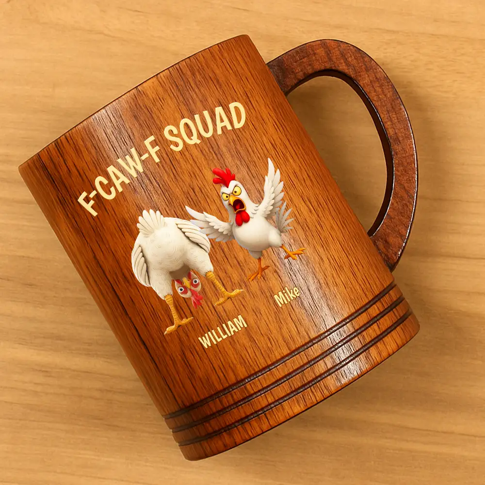 3D Effect Funny Chickens F-CAW-F Squad - Personalized Wooden Mug - Image 4
