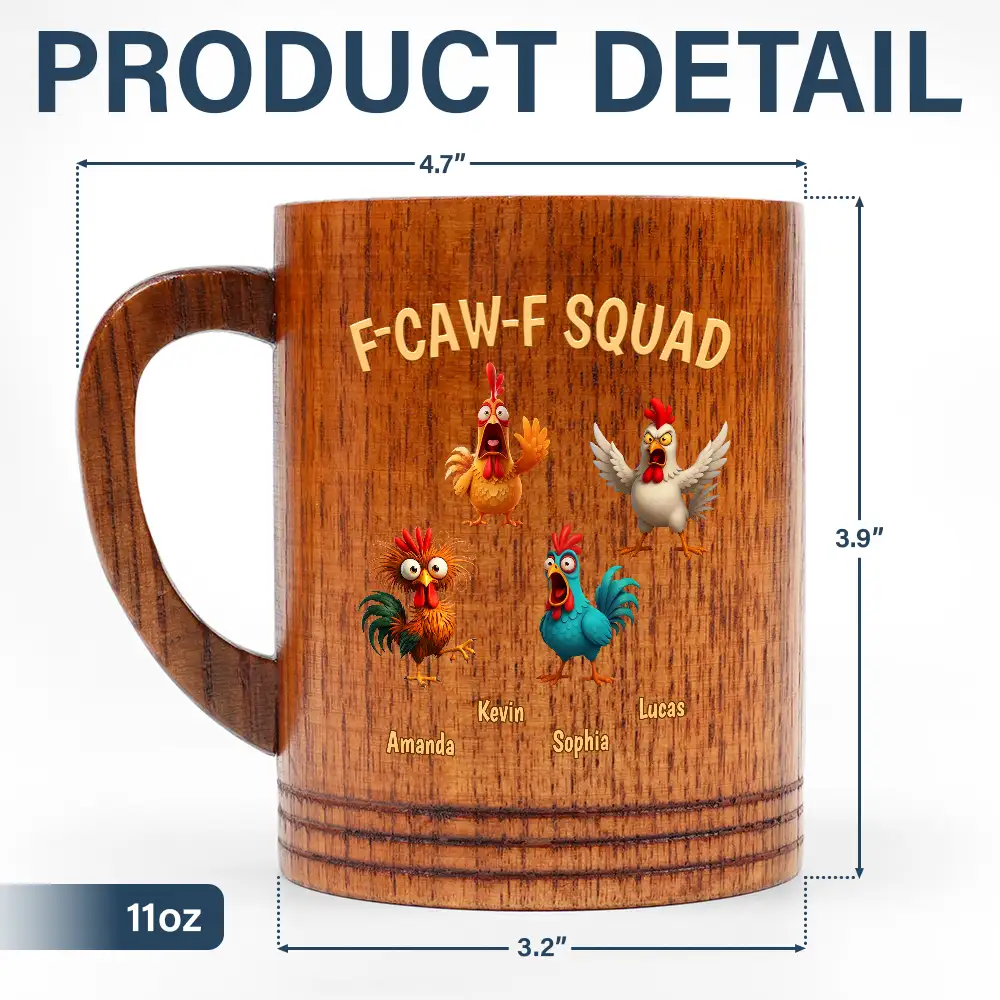 3D Effect Funny Chickens F-CAW-F Squad - Personalized Wooden Mug - Image 6
