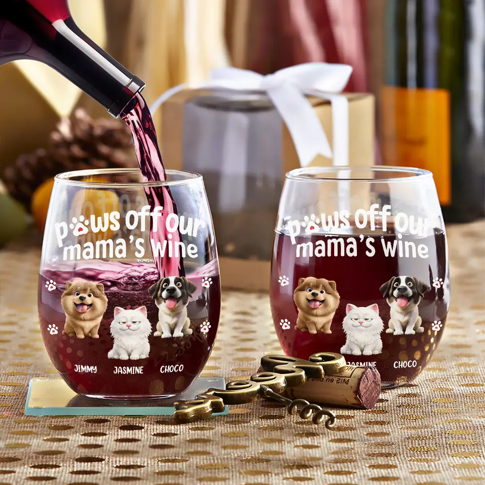 3D Effect Funny Dog Cat Paws Off My Mom's Wine - Personalized Stemless Wine Glass - Image 3