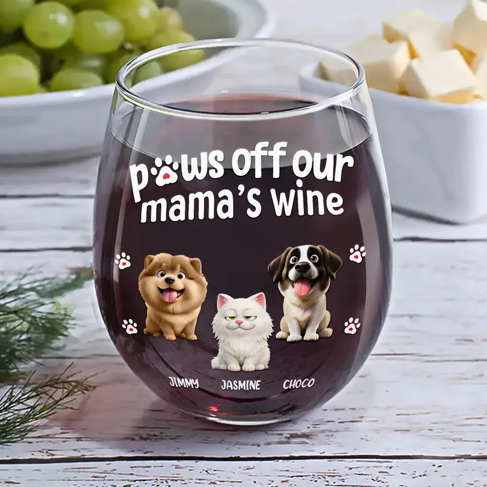 3D Effect Funny Dog Cat Paws Off My Mom's Wine - Personalized Stemless Wine Glass - Image 6