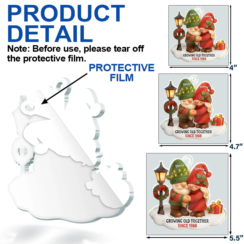 3D Effect Gnome Couple Growing Old Together Christmas - Personalized Custom Shaped Acrylic Ornament - Image 6