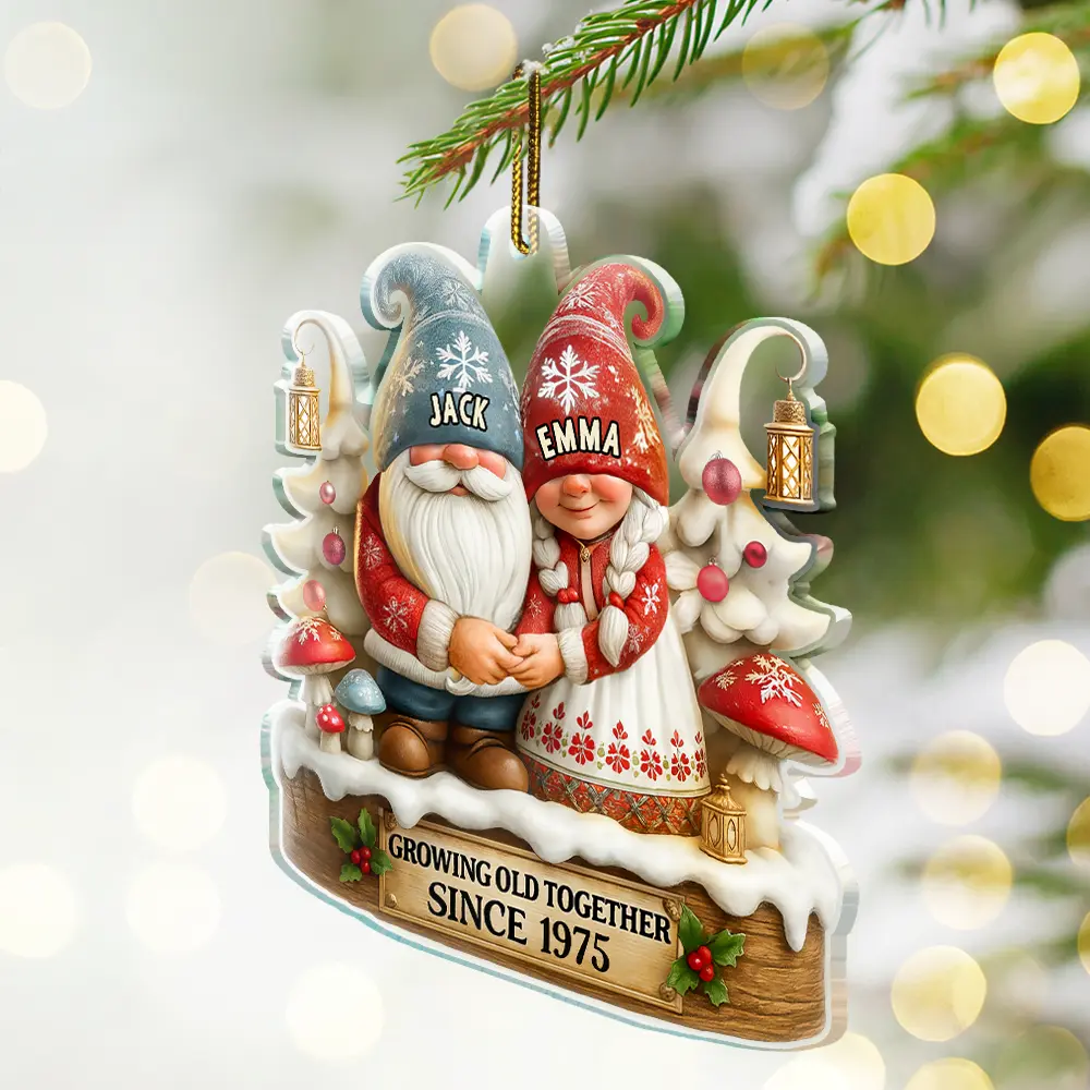 3D Effect Gnome Couple Growing Old Together - Personalized Custom Shaped Acrylic Ornament - Image 2