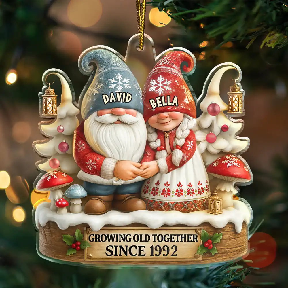 3D Effect Gnome Couple Growing Old Together - Personalized Custom Shaped Acrylic Ornament - Image 3