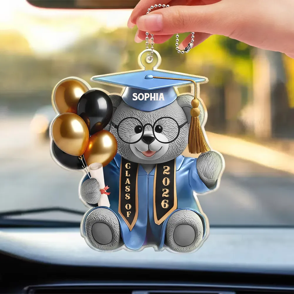 3D Effect Graduation Bear - Personalized Acrylic Car Hanger - Image 3
