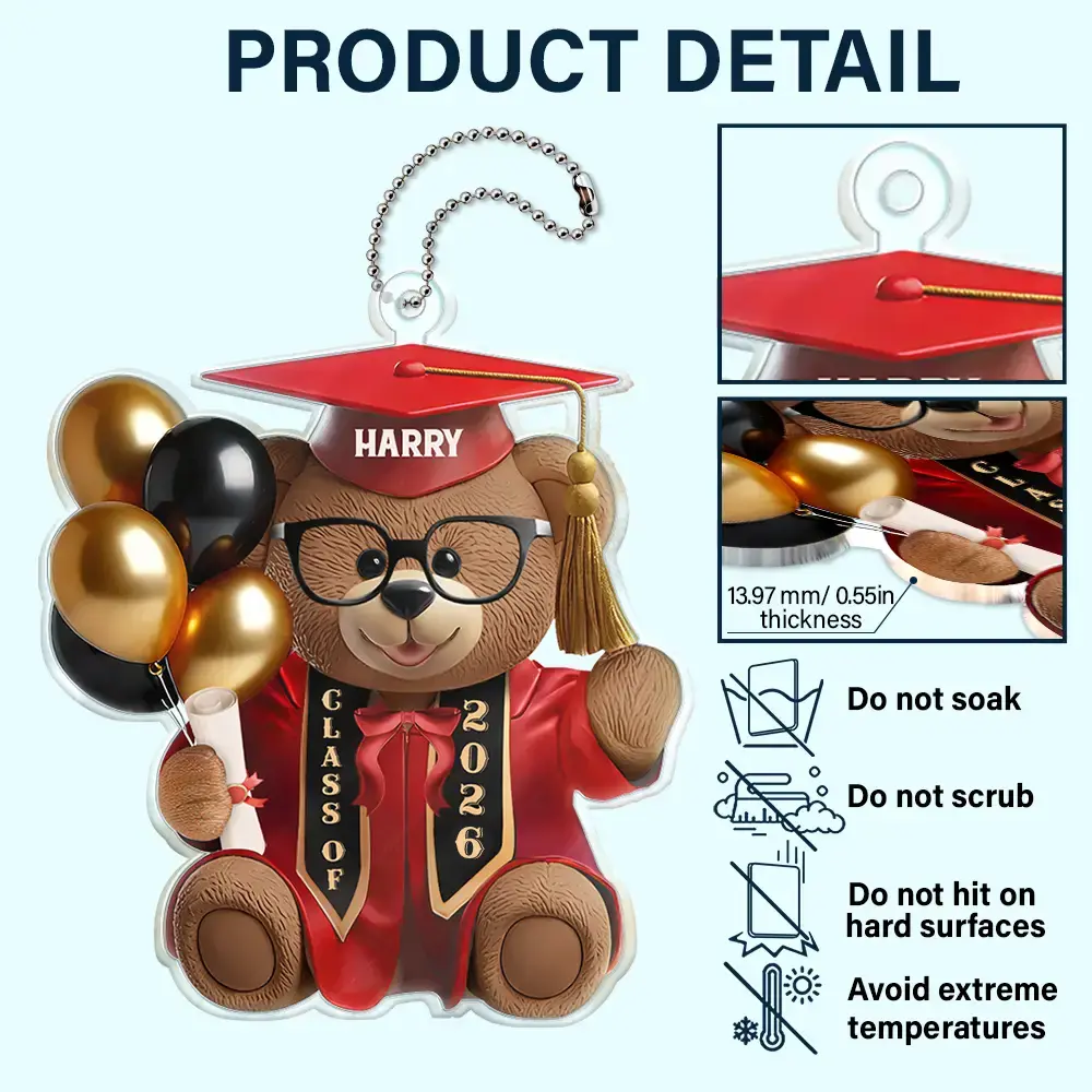 3D Effect Graduation Bear - Personalized Acrylic Car Hanger - Image 5