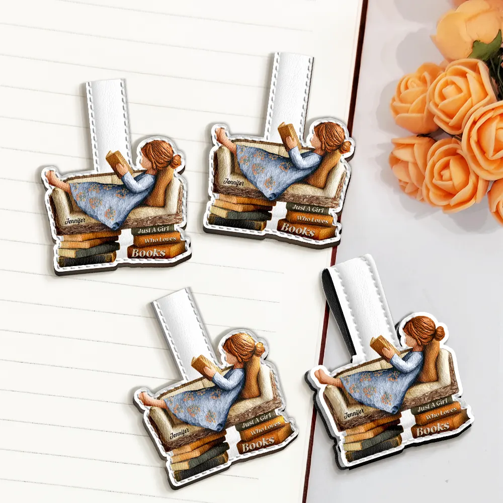 3D Effect Just A Girl Who Loves Books - Personalized Custom Shaped Leather Magnetic Bookmark - Image 2