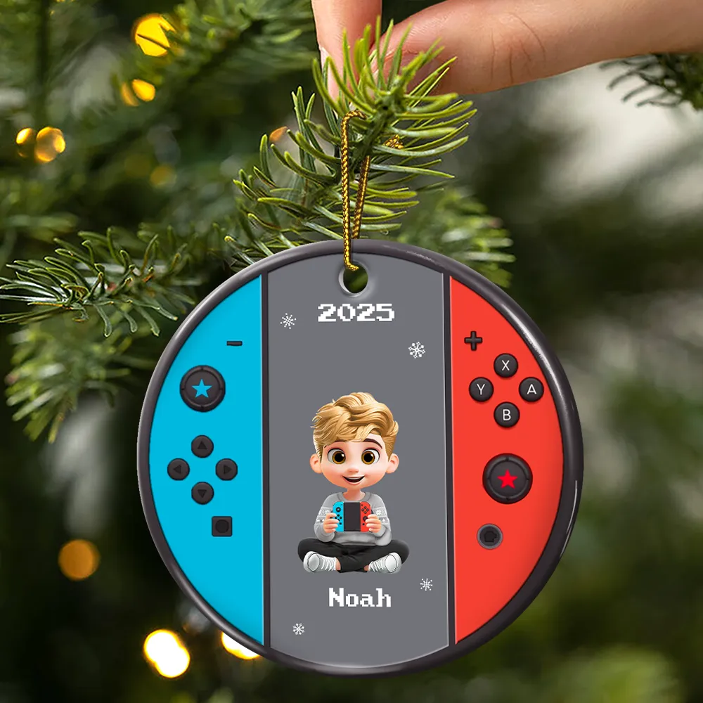 3D Effect Kids Gamer - Personalized Combo Circle Ceramic Ornament Set - Image 3