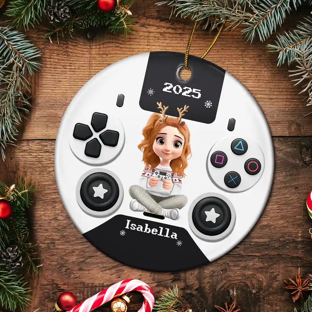 3D Effect Kids Gamer - Personalized Combo Circle Ceramic Ornament Set - Image 5