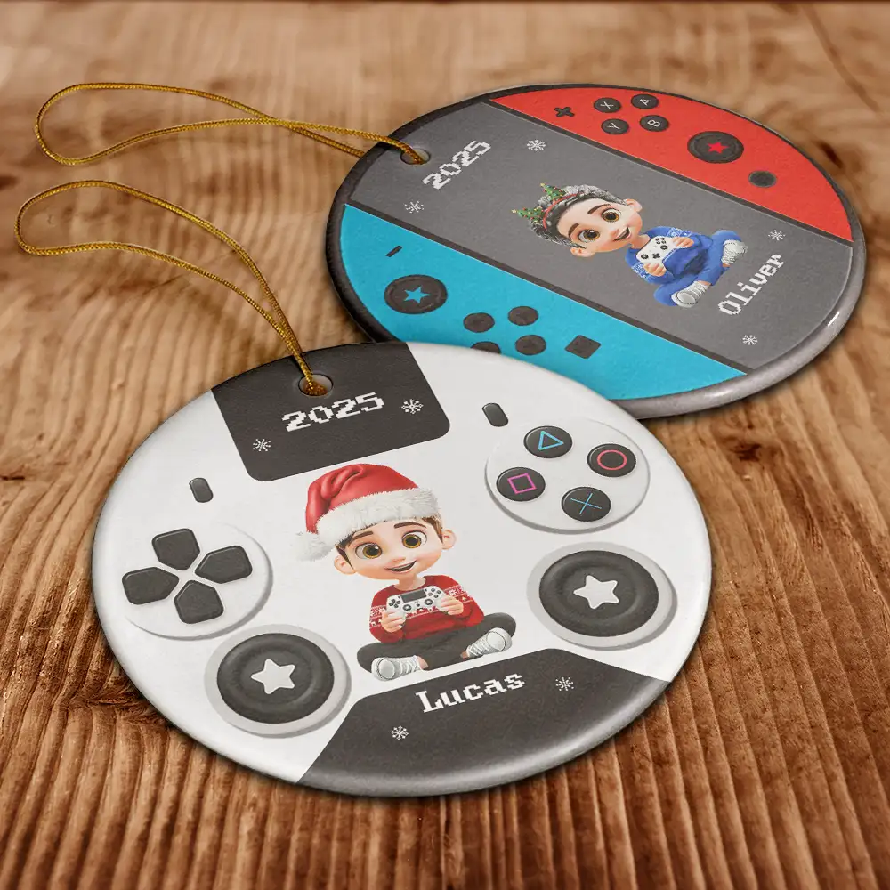 3D Effect Kids Gamer - Personalized Combo Circle Ceramic Ornament Set - Image 6