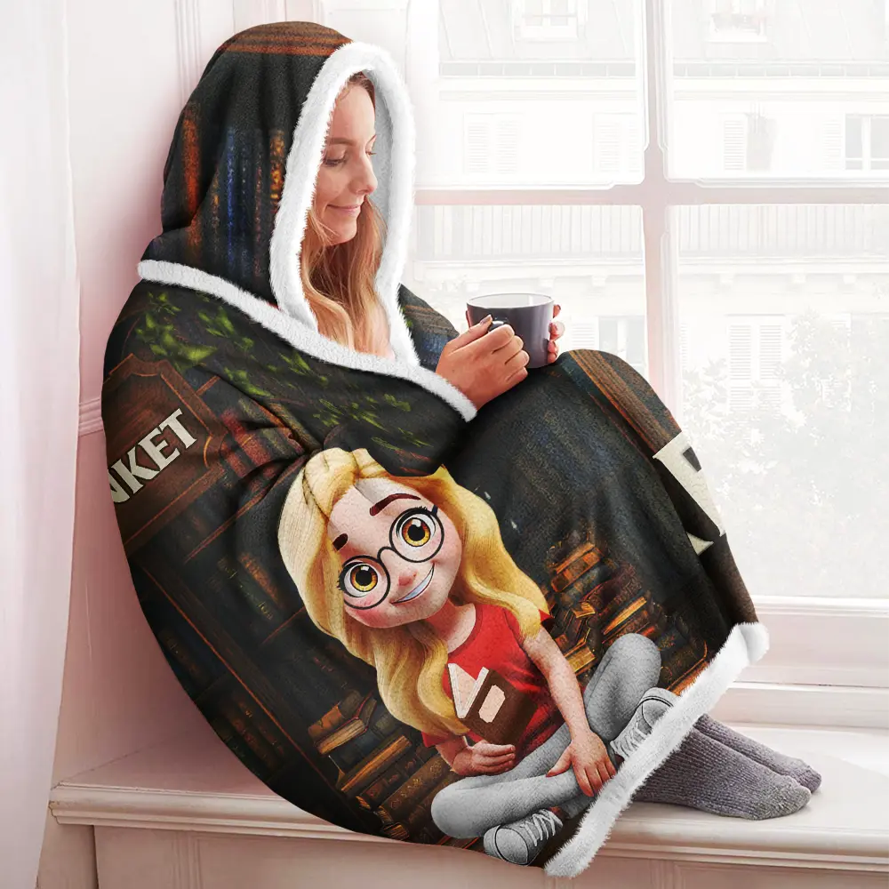 3D Effect Man Woman Reading Blanket - Personalized Wearable Hooded Blanket - Image 3