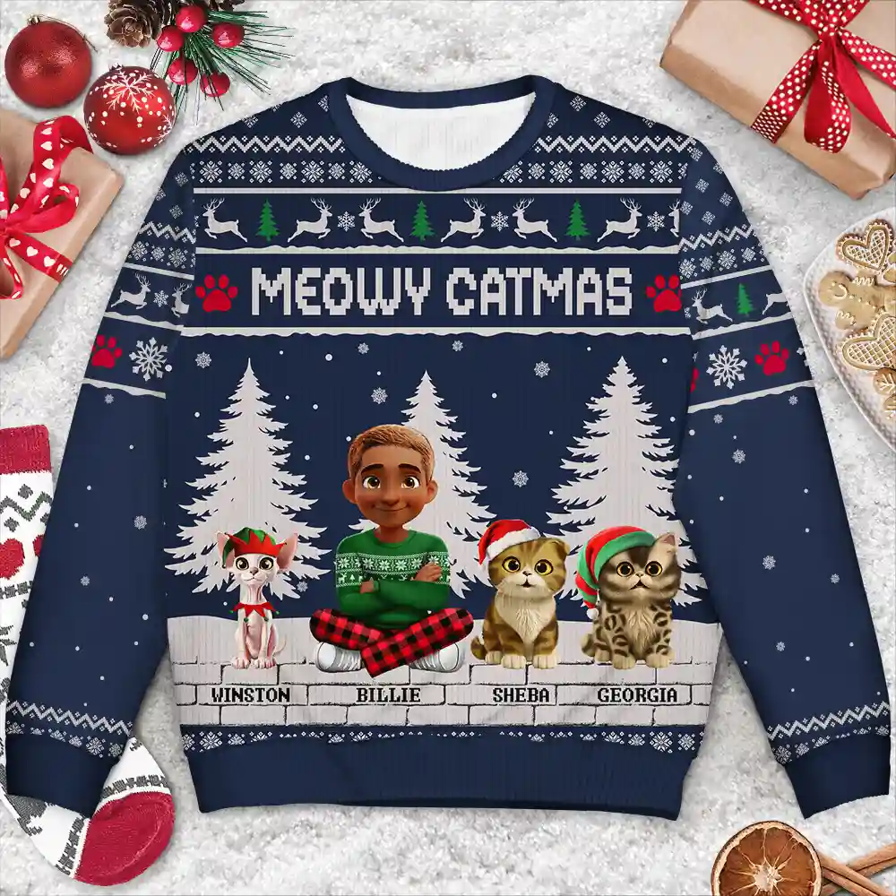 3D Effect Meowy Catmas - Personalized Unisex Ugly Sweater - Image 3