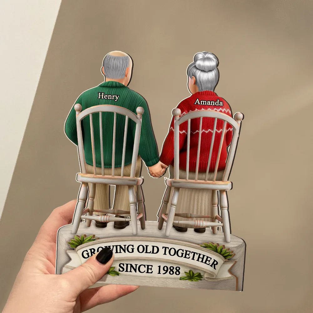 3D Effect Old Couple Growing Old Together - Personalized Custom Shaped 2-Layered Wooden Plaque - Image 3