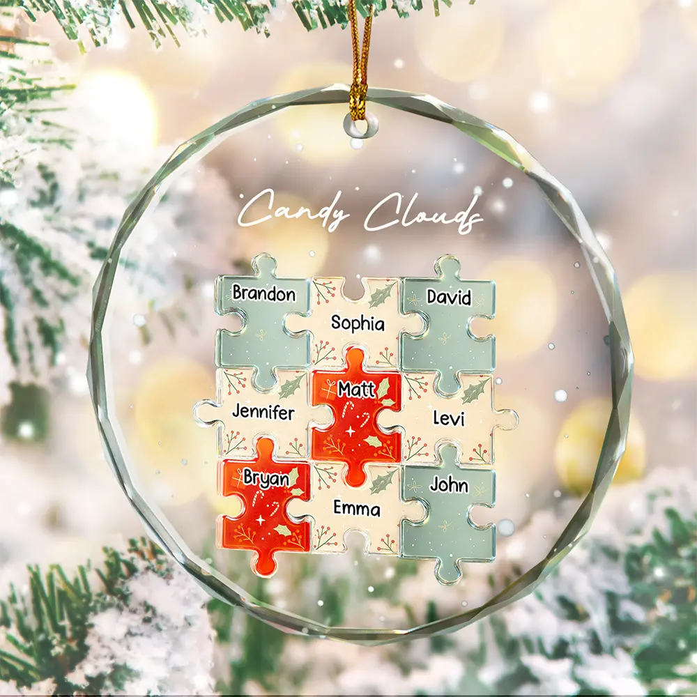 3D Effect Puzzle Family - Personalized Circle Glass Ornament - Image 2