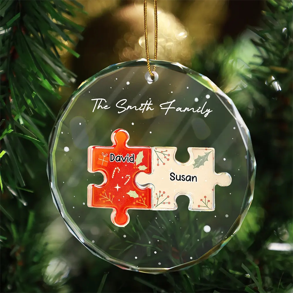 3D Effect Puzzle Family - Personalized Circle Glass Ornament - Image 4