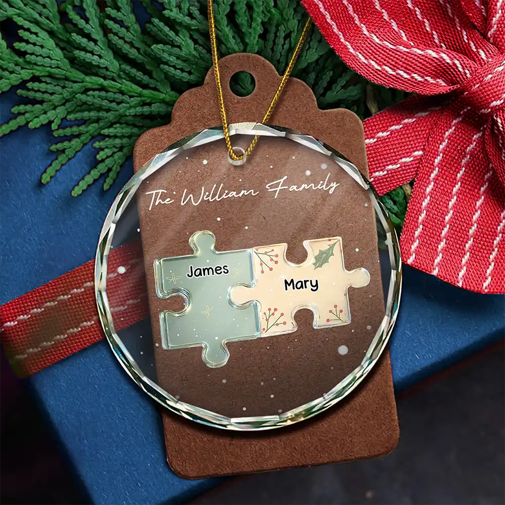 3D Effect Puzzle Family - Personalized Circle Glass Ornament - Image 6