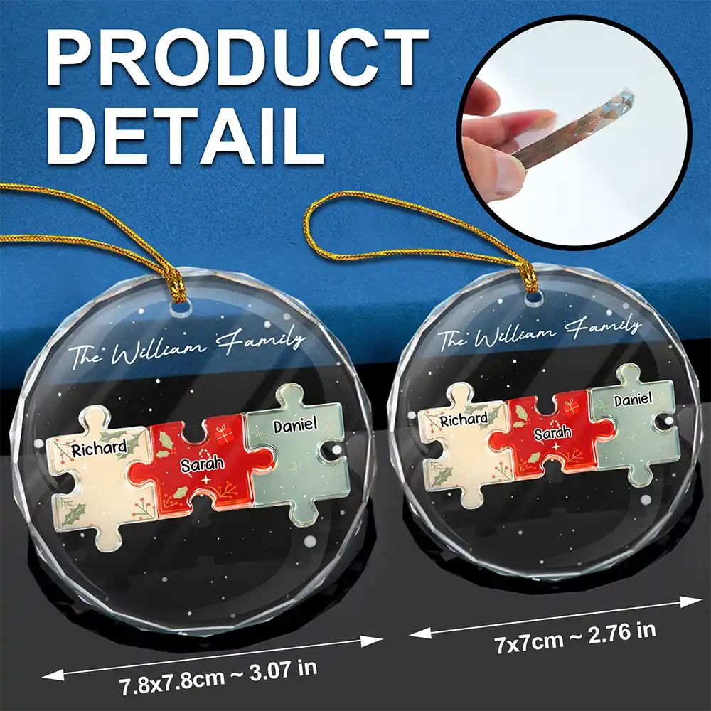 3D Effect Puzzle Family - Personalized Circle Glass Ornament - Image 7