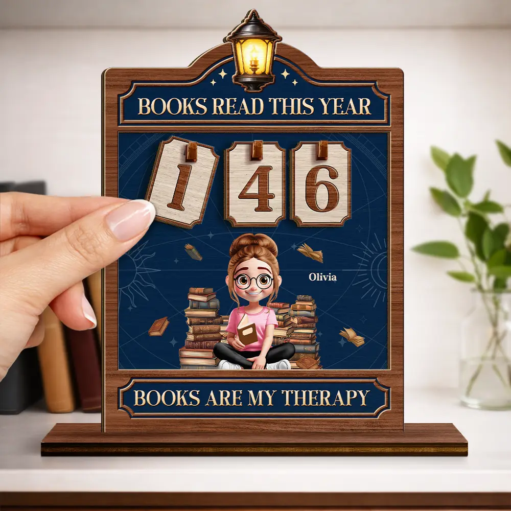 3D Effect Reading Girl Boy Books Read This Year - Personalized 2-Layered Wooden Tracker Sign - Image 3