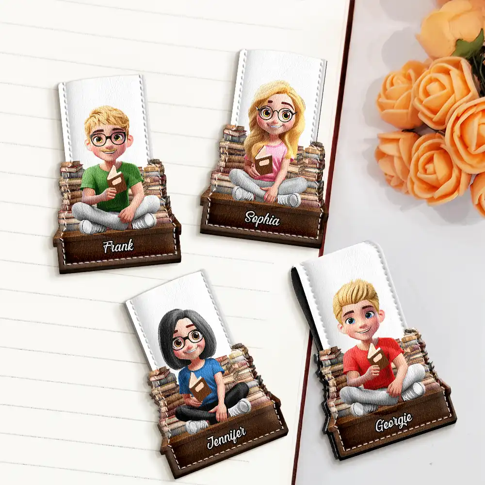 3D Effect Reading Girl Boy - Personalized Custom Shaped Leather Magnetic Bookmark - Image 2