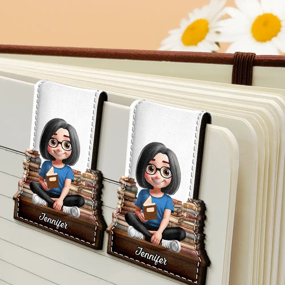 3D Effect Reading Girl Boy - Personalized Custom Shaped Leather Magnetic Bookmark - Image 4