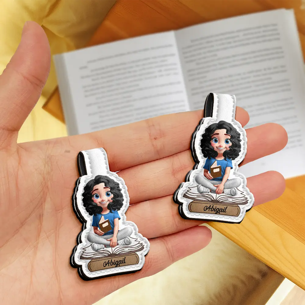 3D Effect Reading Woman Man Kid Family - Personalized Custom Shaped Leather Magnetic Bookmark - Image 4