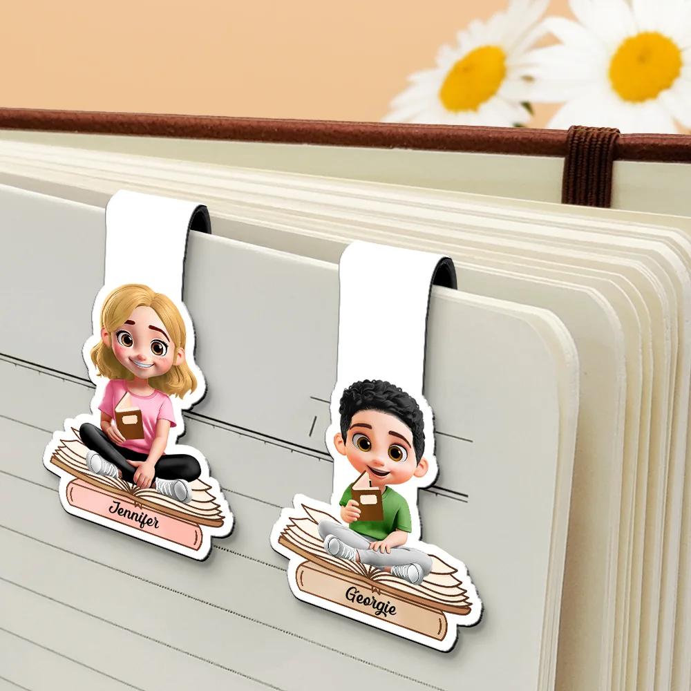 3D Effect Reading Woman Man Kid Family - Personalized Custom Shaped Magnetic Bookmark Clip - Image 4