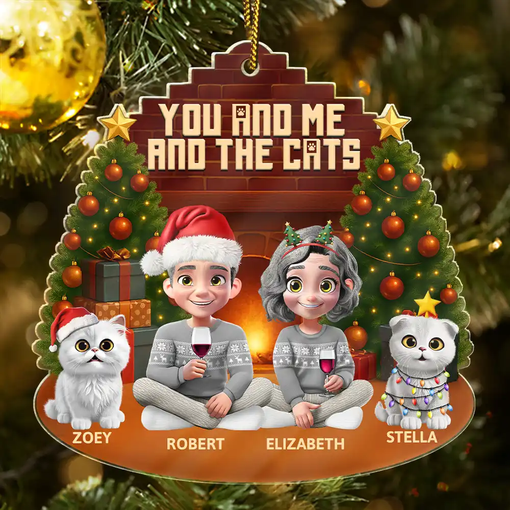 3D Effect Sitting Couple You And Me And The Cat - Personalized Custom Shaped Acrylic Ornament - Image 2