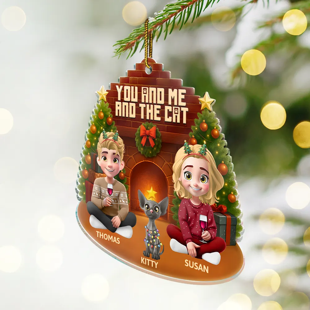 3D Effect Sitting Couple You And Me And The Cat - Personalized Custom Shaped Acrylic Ornament - Image 3