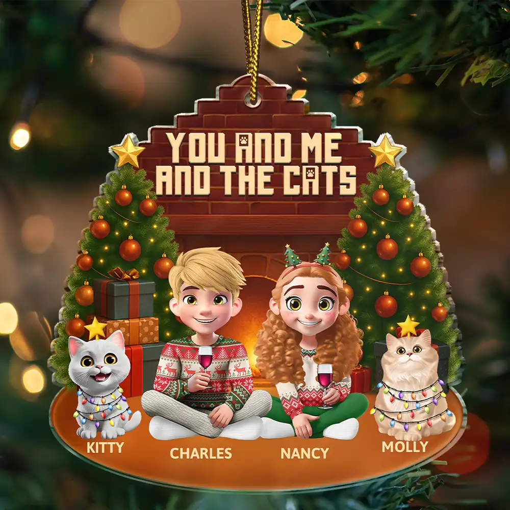 3D Effect Sitting Couple You And Me And The Cat - Personalized Custom Shaped Acrylic Ornament - Image 4