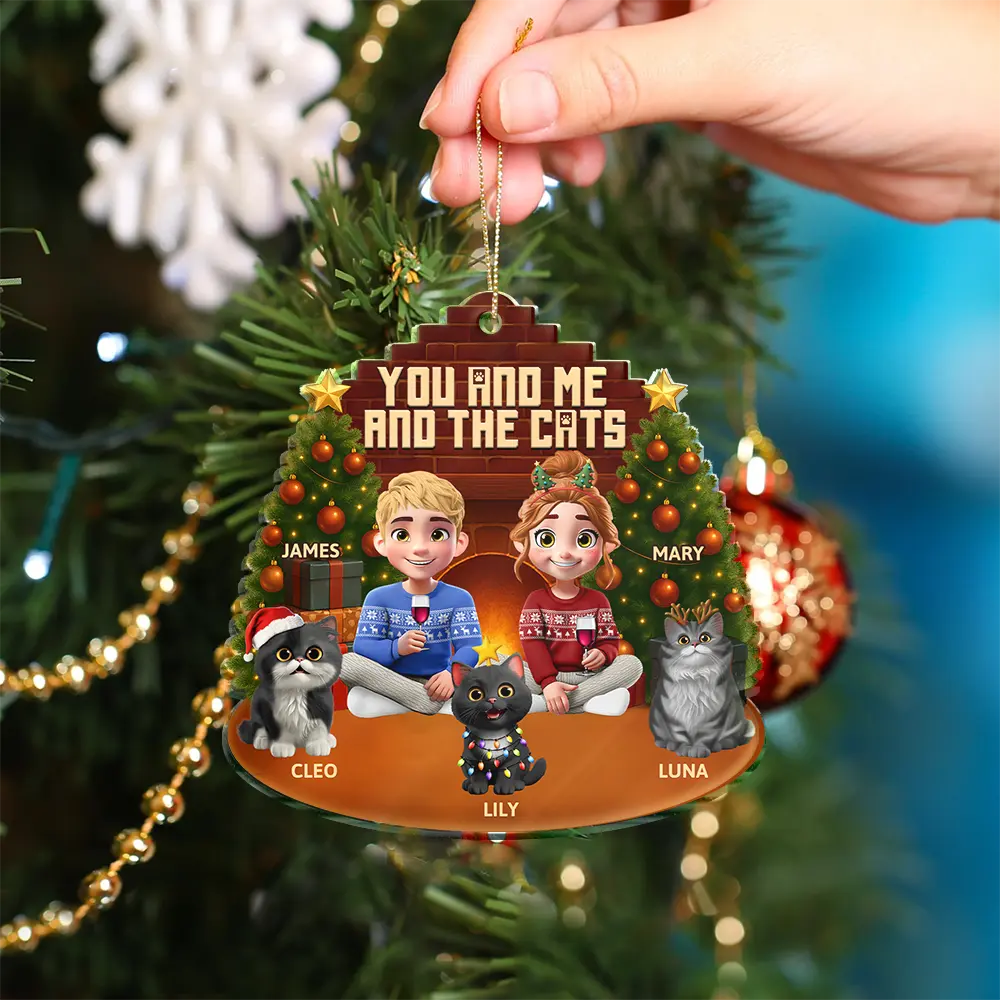 3D Effect Sitting Couple You And Me And The Cat - Personalized Custom Shaped Acrylic Ornament - Image 5