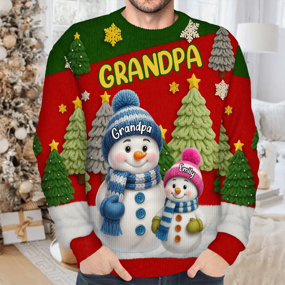 3D Effect Snowman Grandma Nana & Grandkids - Personalized Unisex Ugly Sweater - Image 3