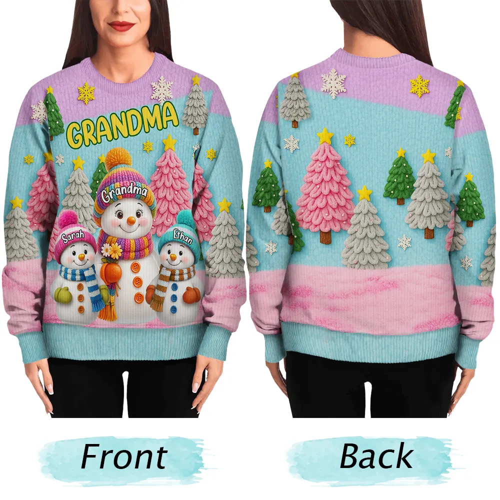 3D Effect Snowman Grandma Nana & Grandkids - Personalized Unisex Ugly Sweater - Image 4